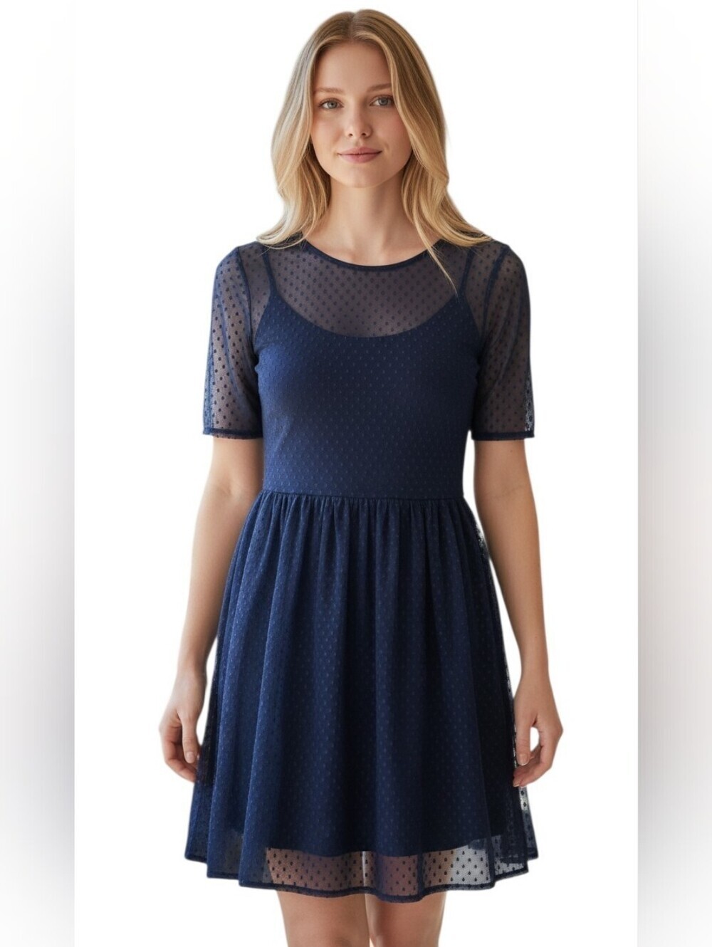 Shoshanna Silk Mesh Overlay Polka Dot Dress Lined Blue Size 6
